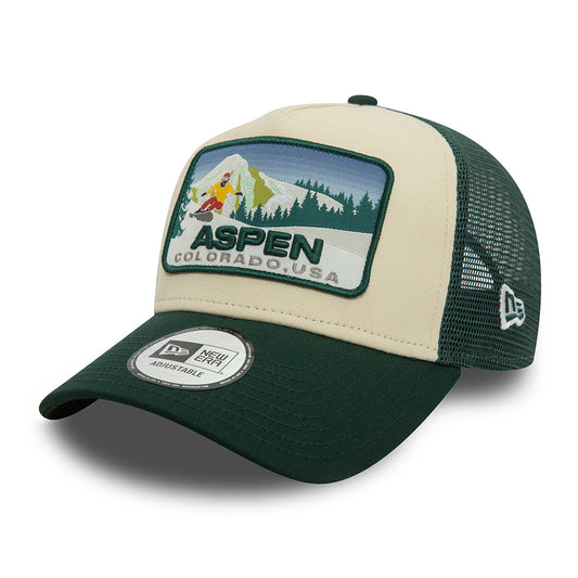 New Era A-Frame Aspen Trucker Cap - Ski Patch - Dunkelgrün-Cremeweiß