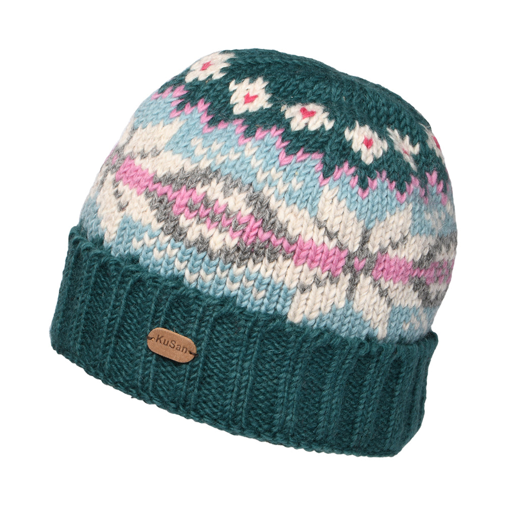 Kusan Schneeflocke Turn Up Beanie Mütze - Petrol-Aquamarinblau