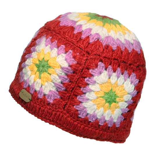 Kusan Gehäckelte Beanie Mütze Granny Square - Rot