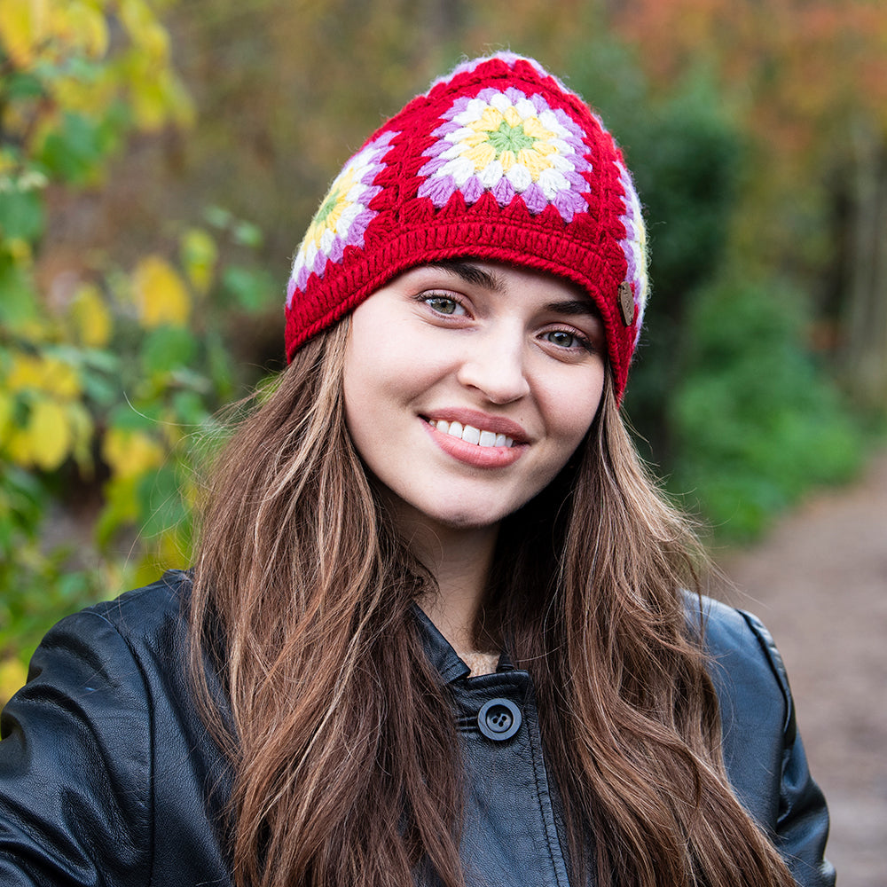 Kusan Gehäckelte Beanie Mütze Granny Square - Rot