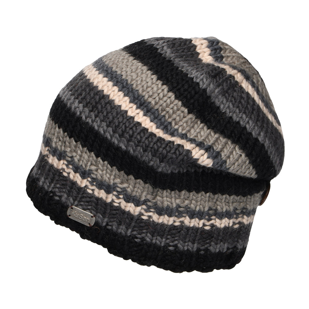 Kusan Button Down Beanie Mütze gestreift - Schwarz-Grau