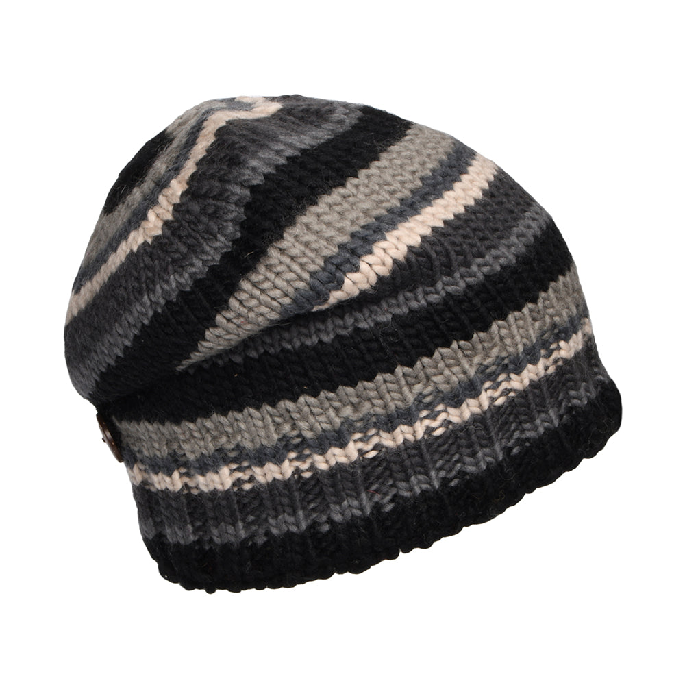 Kusan Button Down Beanie Mütze gestreift - Schwarz-Grau