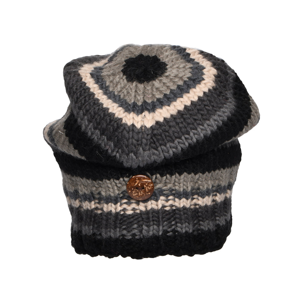 Kusan Button Down Beanie Mütze gestreift - Schwarz-Grau