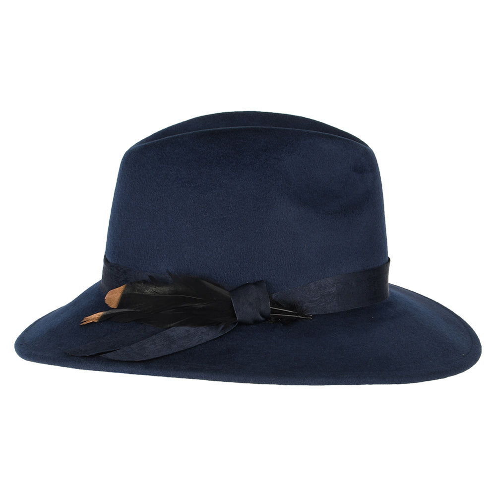 Failsworth Wasserabweisender Fedora Hut aus Wollfilz mit Feder - Marineblau