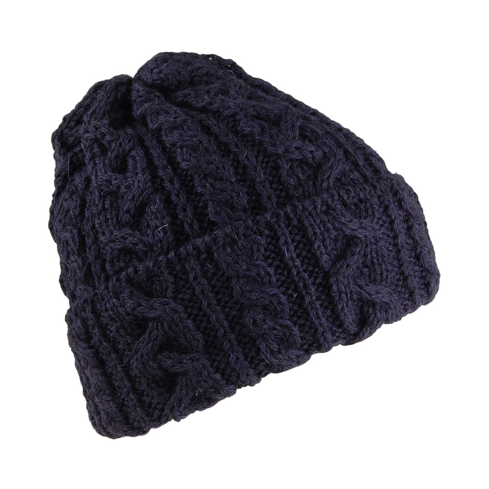 Highland 2000 Kabelstrick Beanie Mütze mit Umschlag - Marineblau