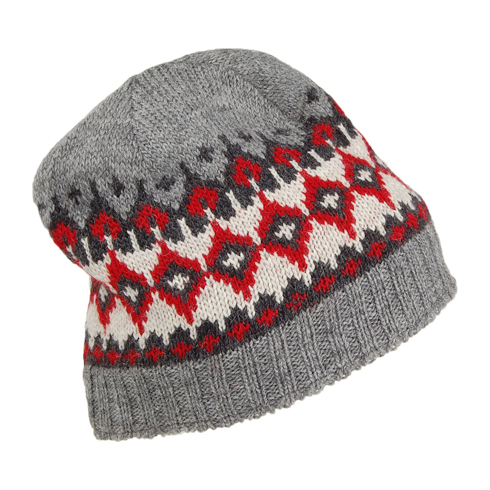 Kusan Beanie Mütze Fine Gauge im Feinstrickmuster - Grau-Rot