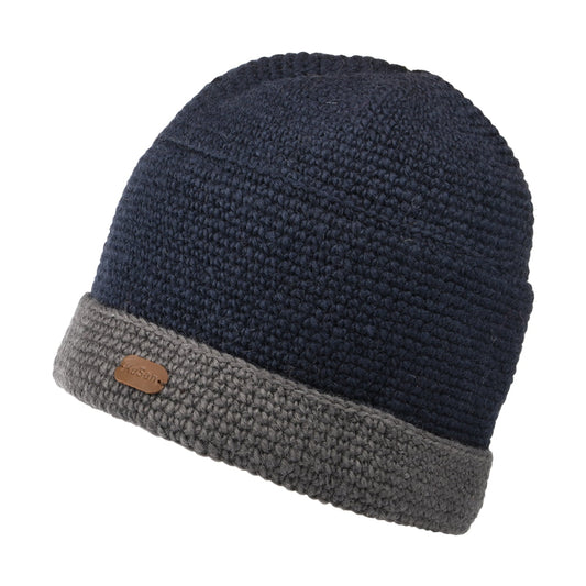 Kusan Turn Up Gehäkelte Beanie Mütze - Marineblau-Grau