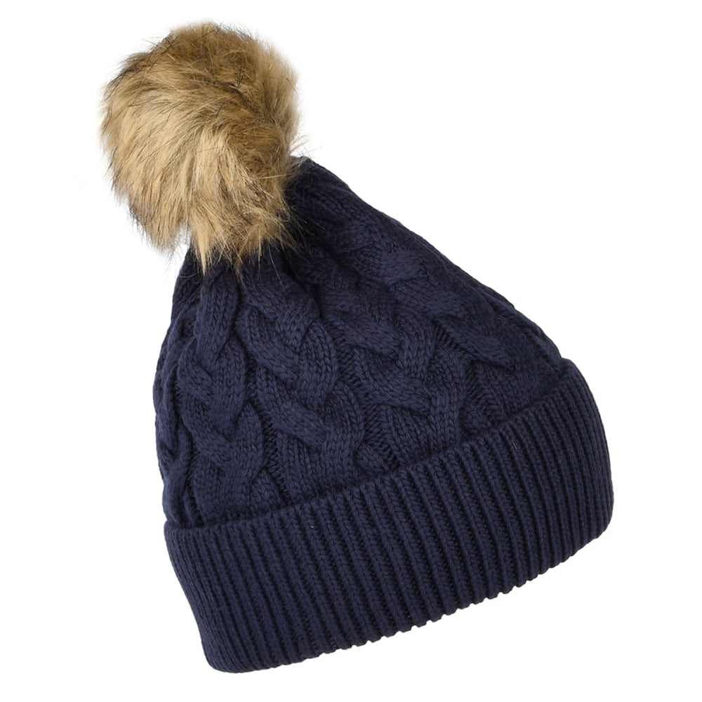 Joules Elena Cable Knit und Kunstfell Bommel Bommelmütze - Marineblau