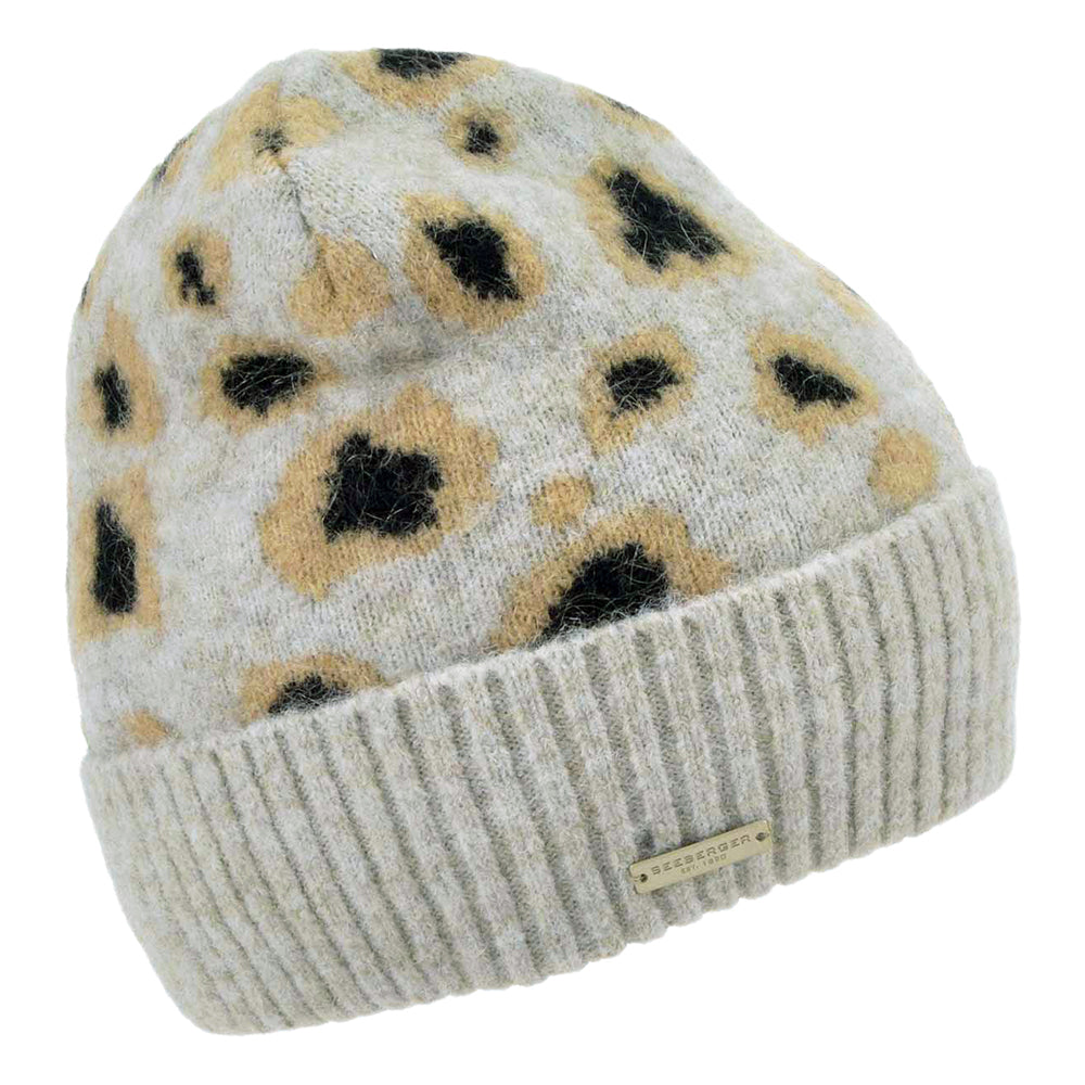 Seeberger Cuffed Beanie Mütze Leopard - Rauchgrau-Schwarz